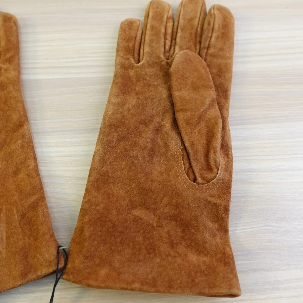 Suede Winter Gloves Women Medium Tan Brown GATES Genuine Leather Pigskin Classic
